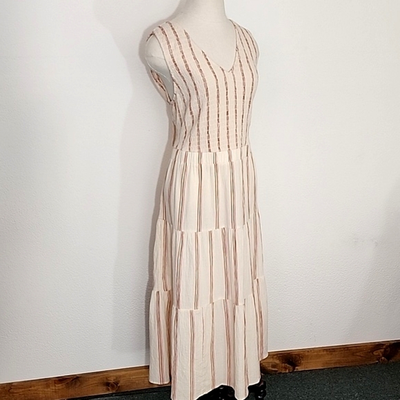 Wonderly Dress Cotton Striped Midi Smocked Bodice & Back Tie Neck Cream Size XL - Picture 9 of 14